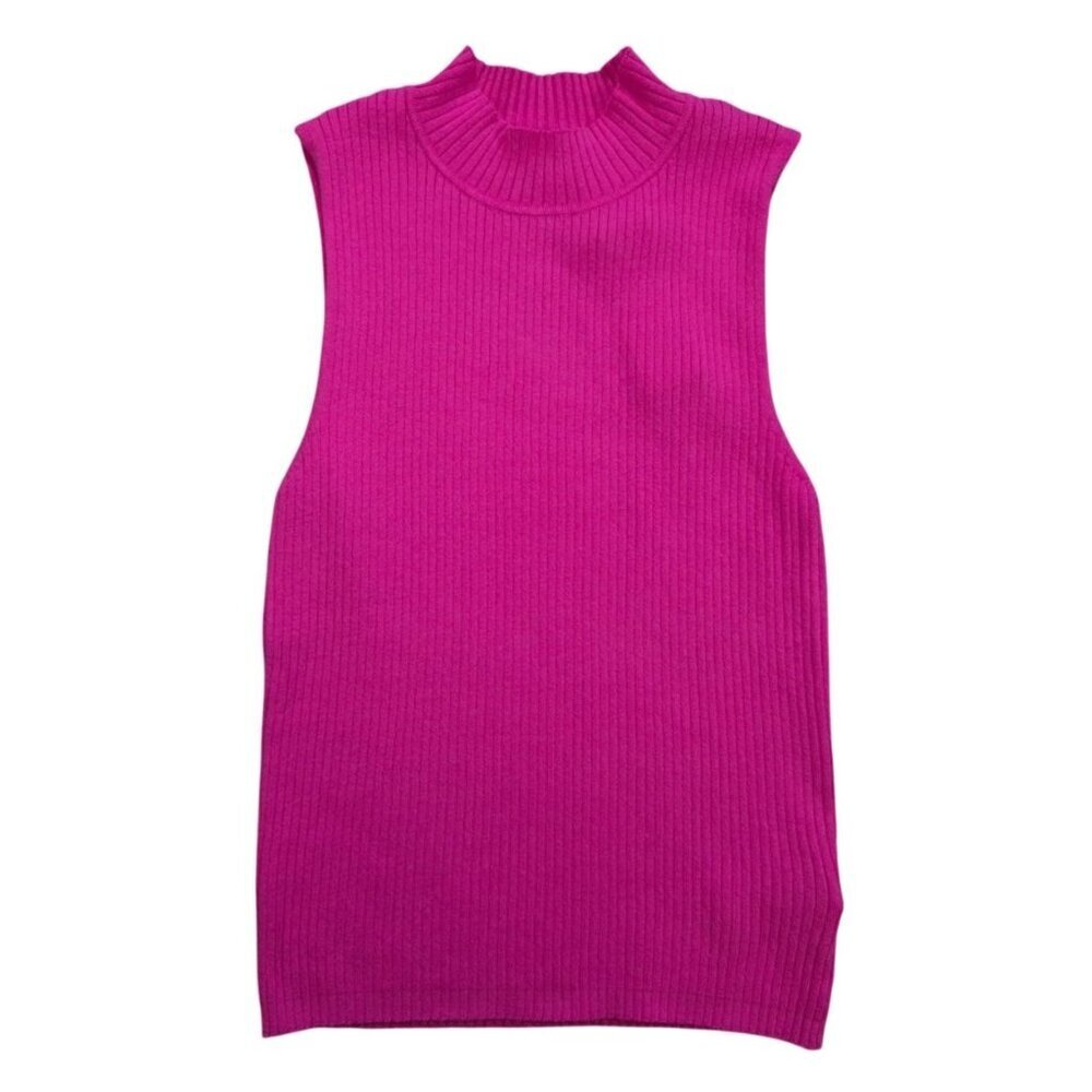 The Drop Fuchsia Ribbed Knit Mock Neck Sleeveless Sweater Vest Womens Large NWT.